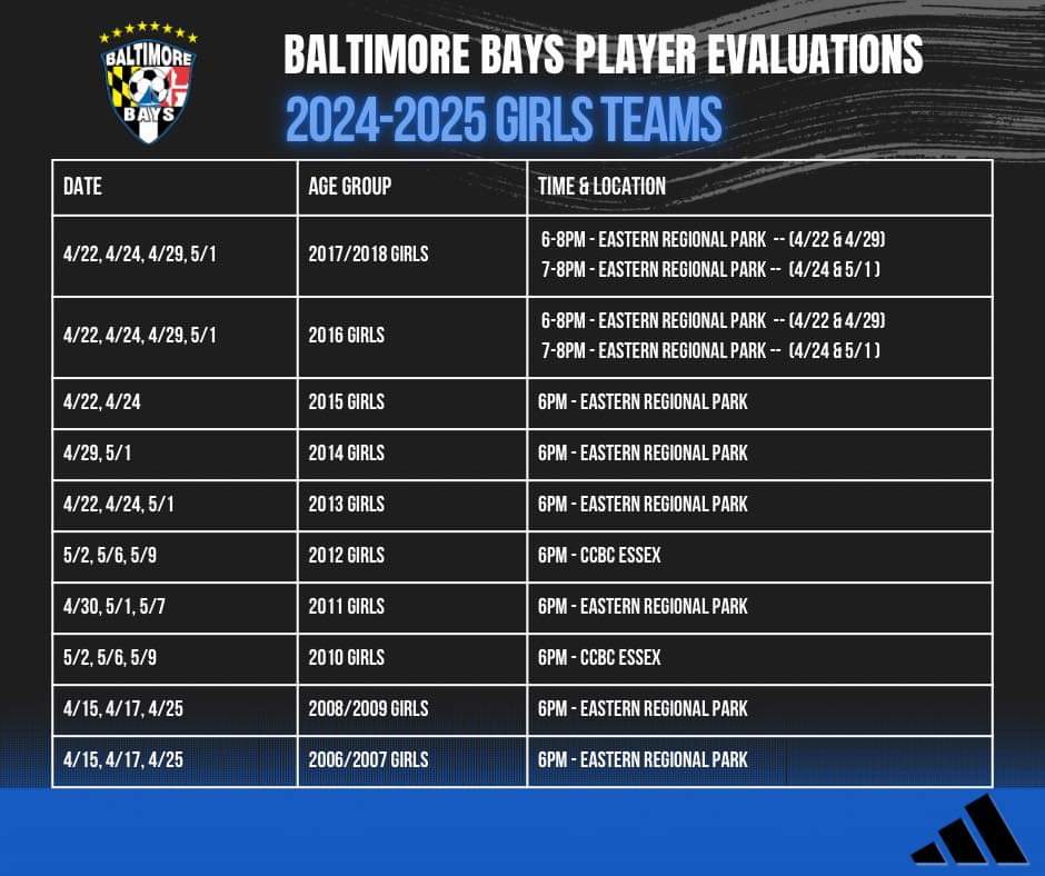 Girls 2024-25 Player Evaluations Schedule